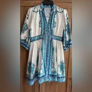 Paisley print blue and turquoise mini dress